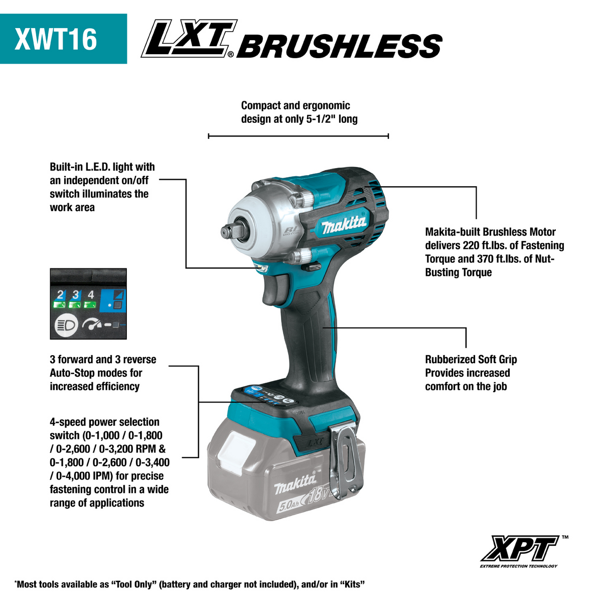 Makita XWT16Z - 18V LXT® Lithium‑Ion Brushless Cordless 4‑Speed 3/8" Drive Impact Wrench