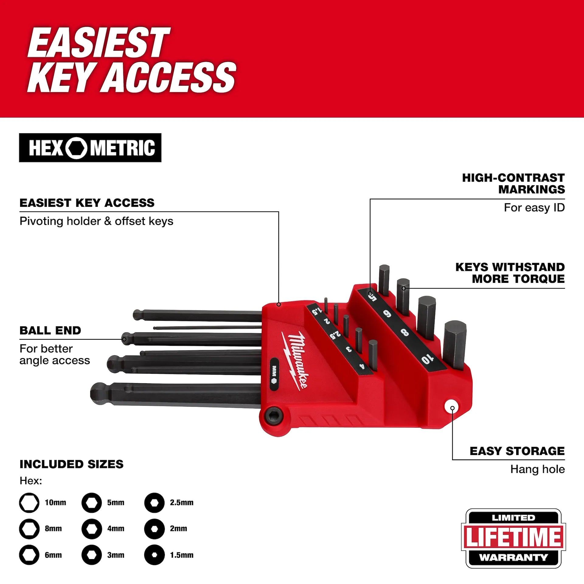 Milwaukee 48-22-2186 - 9-Key Ball End L-Style Hex Key Set - Metric