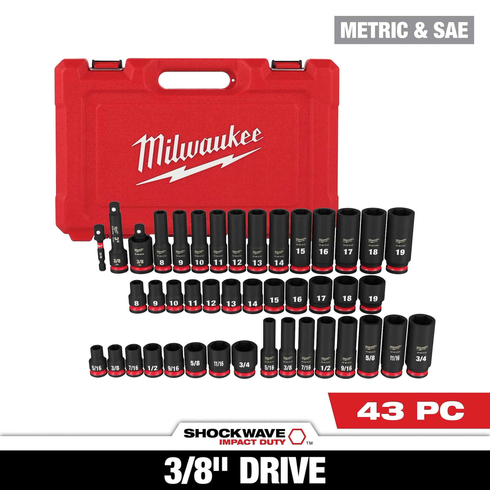 Milwaukee 49-66-7009 - 43PC SHOCKWAVE™ Impact Duty 3/8" Drive SAE & Metric Deep 6 Point Socket Set