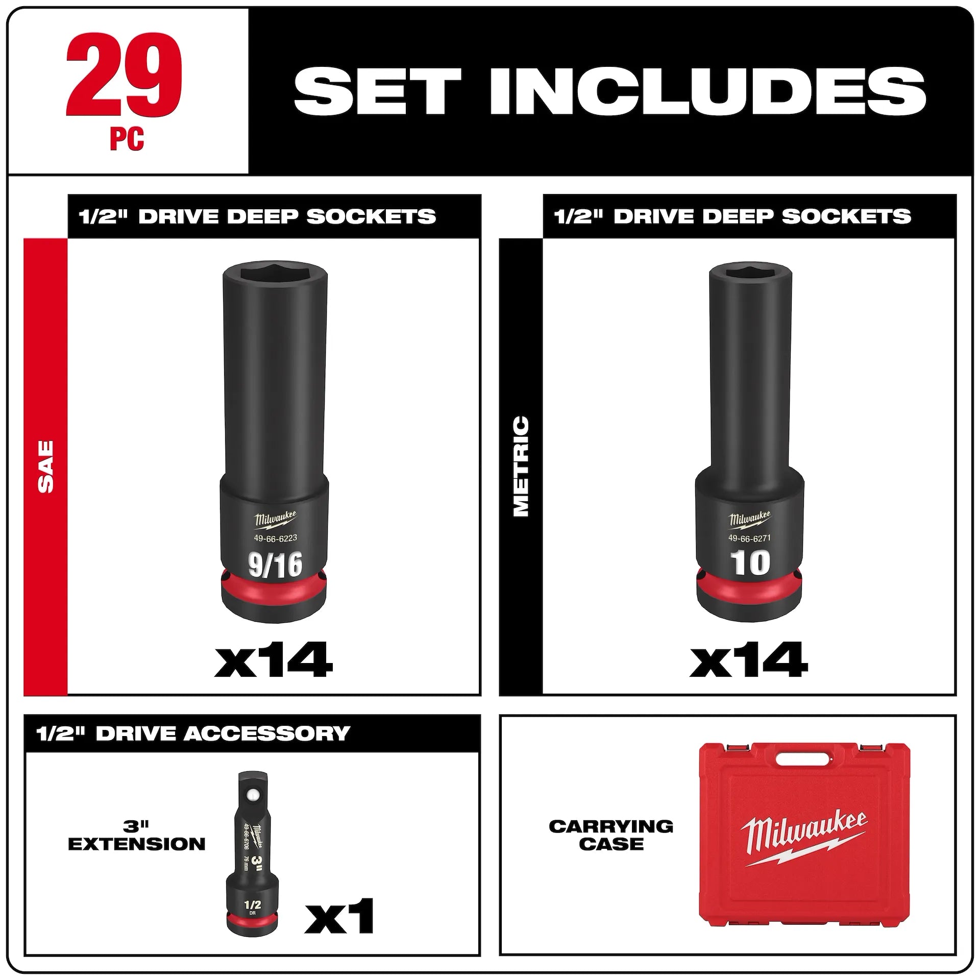 Milwaukee 49-66-7016 - 29PC SHOCKWAVE™ Impact Duty 1/2" Drive SAE & Metric Deep 6 Point Socket Set