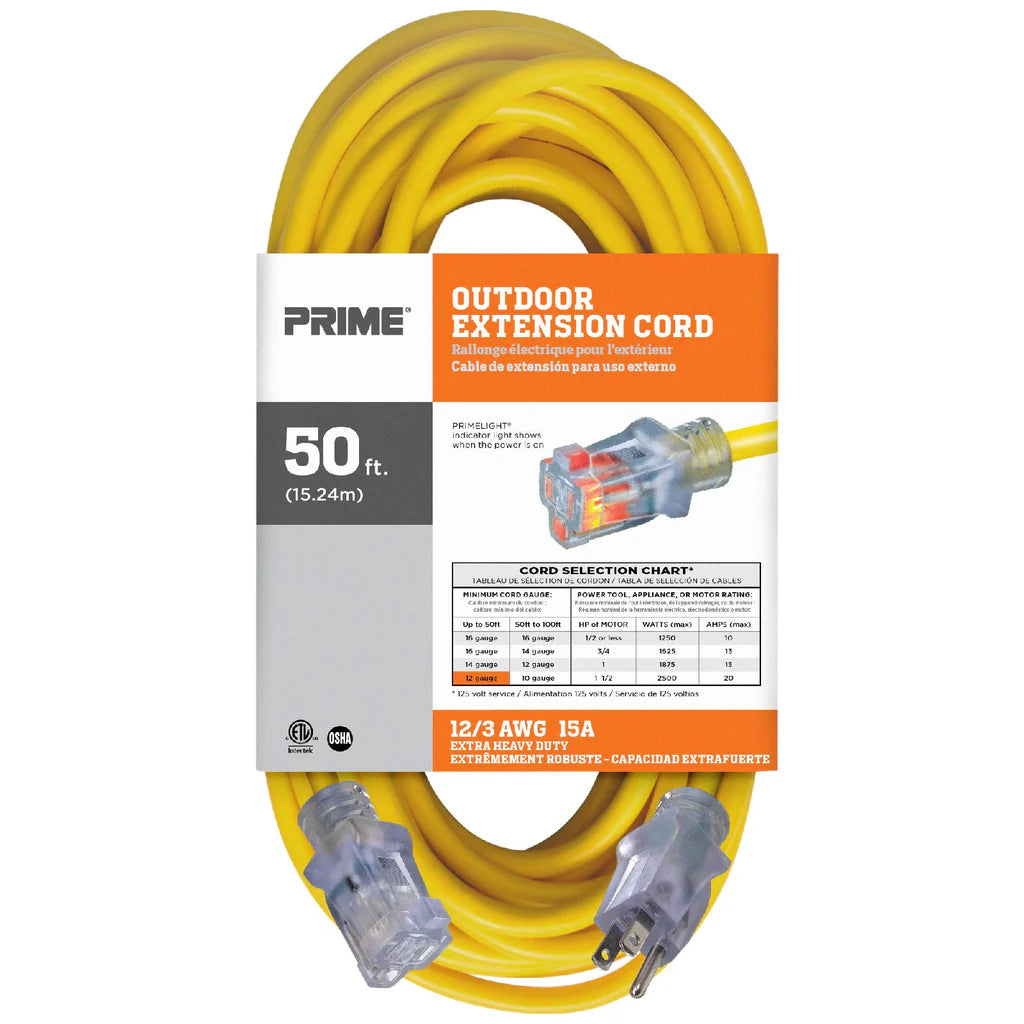 PRIME EC511830 - 50ft 12/3 SJTW Jobsite® Outdoor Extension Cord