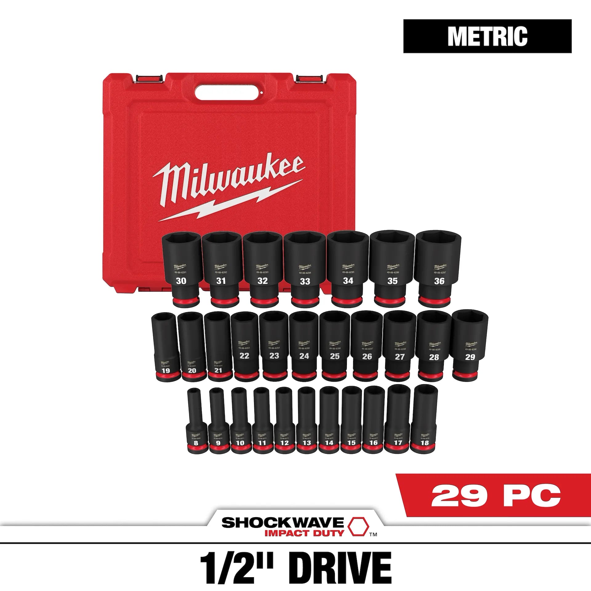 Milwaukee 49-66-7015 - 29PC SHOCKWAVE™ Impact Duty 1/2" Drive Metric Deep 6 Point Socket Set