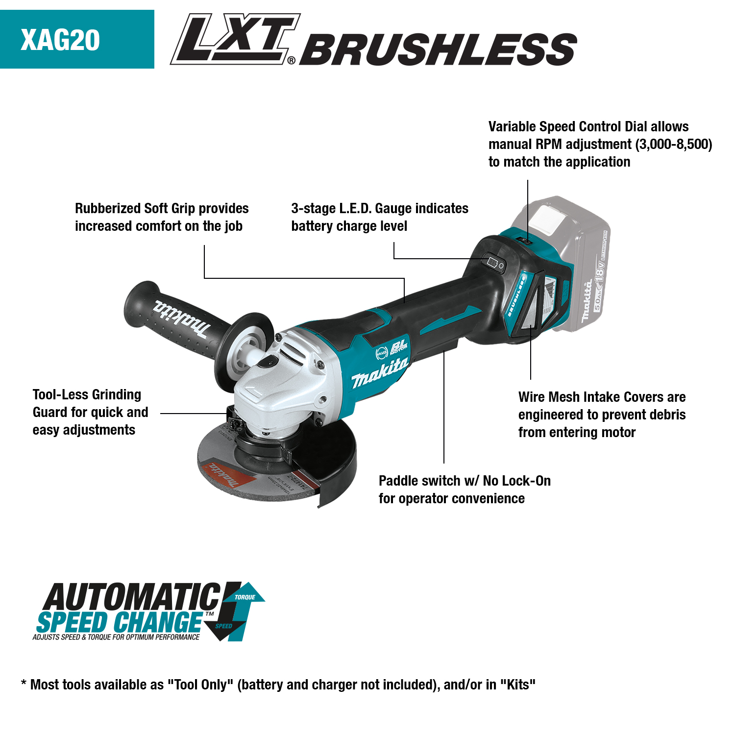 Makita XAG20Z - 18V LXT® Lithium‑Ion Brushless Cordless 4‑1/2” / 5" Paddle Switch Cut‑Off/Angle Grinder, with Electric Brake, Tool Only