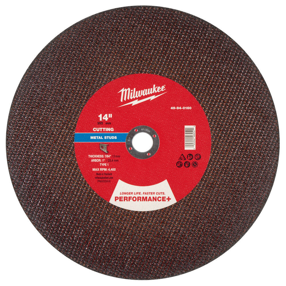 Milwaukee 49-94-0160 - 14" x 7/64" x 1" Performance+ Metal Cut Off Wheel - Type 1 - Stud Cutter