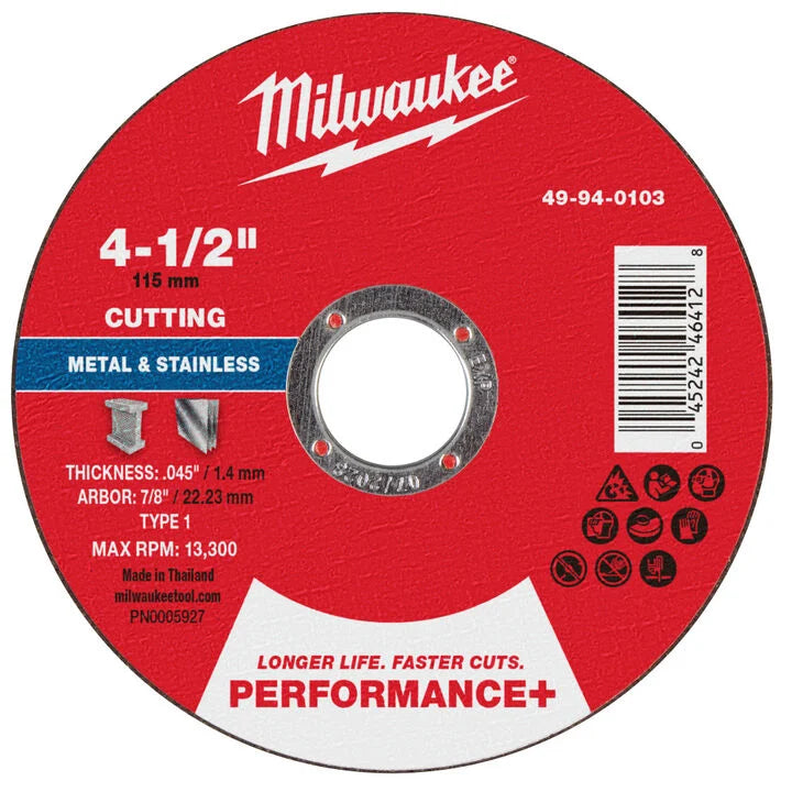 Milwaukee 49-94-0103 - 4-1/2" x .045" x 7/8" Performance+ Metal Cut Off Wheel - Type 1