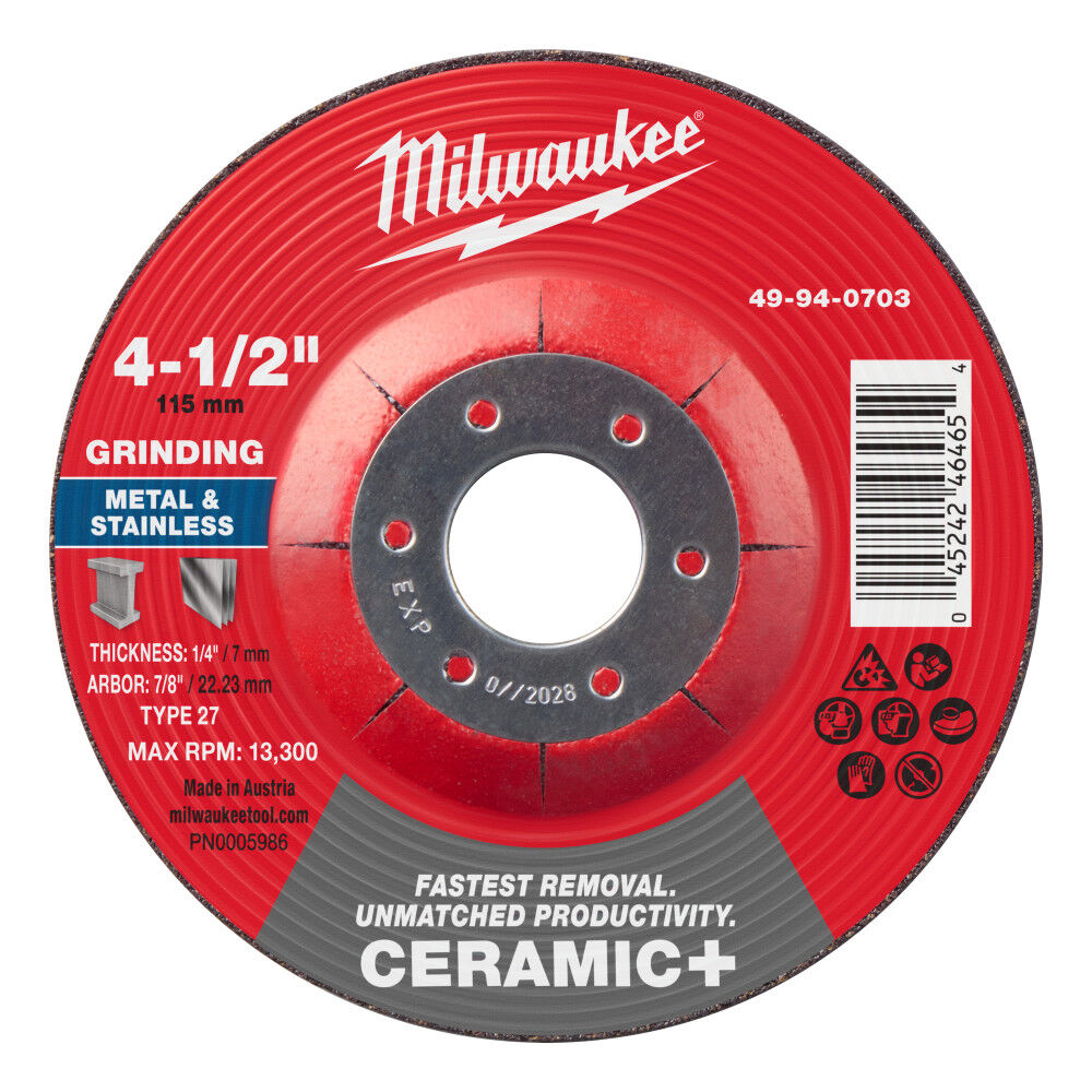 Milwaukee 49-94-0703 - 4-1/2" x 1/4" x 7/8" Ceramic+ Metal Grinding Wheel - Type 27