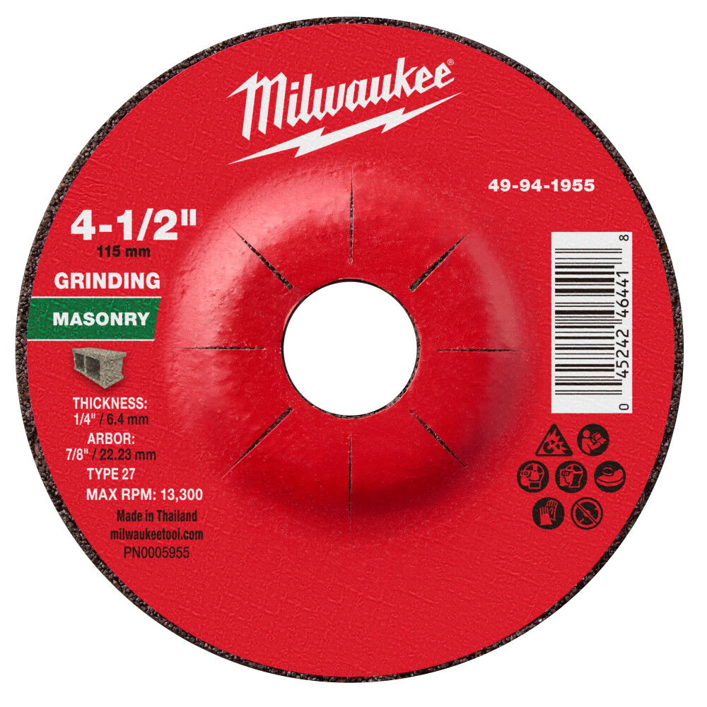 Milwaukee 49-94-1955 - 4-1/2" x 1/4" x 7/8" Masonry Grinding Wheel - Type 27