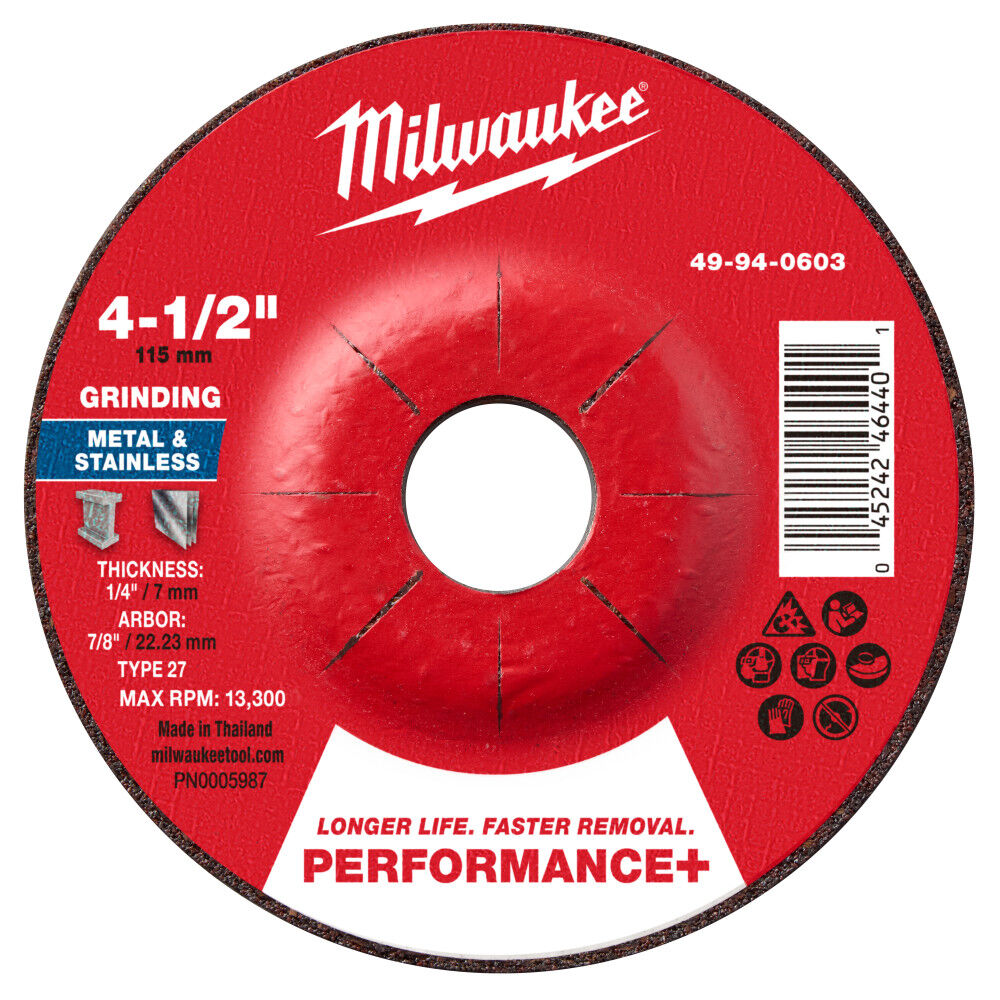 Milwaukee 49-94-0603 - 4-1/2" x 1/4" x 7/8" Performance+ Metal Grinding Wheel - Type 27