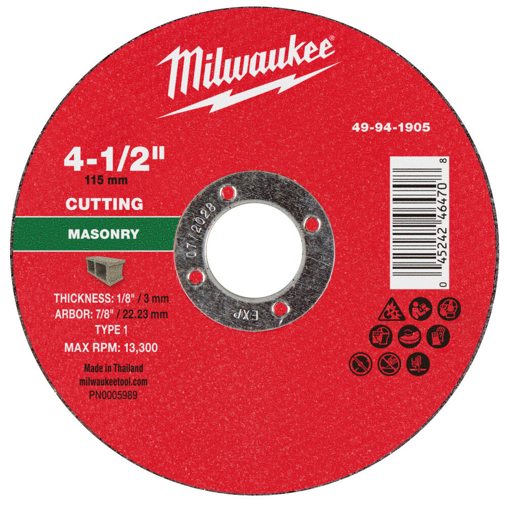 Milwaukee 49-94-1905 - 4-1/2" x 1/8" x 7/8" Masonry Cut Off Wheel -Type 1