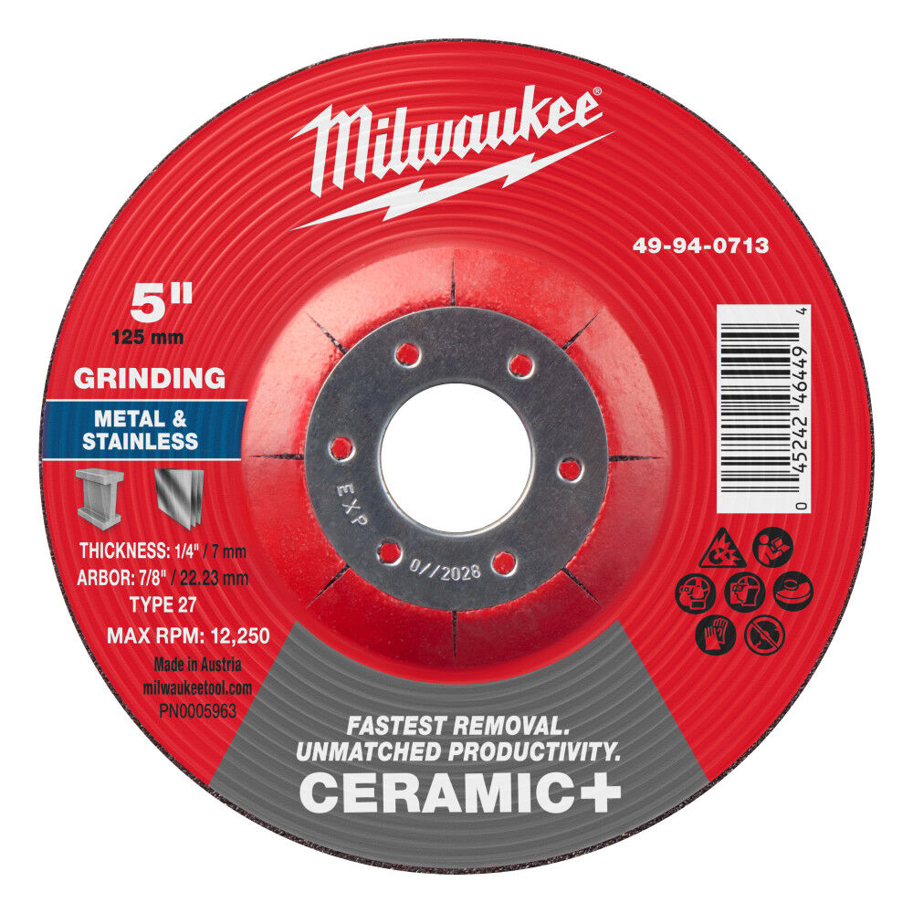 Milwaukee 49-94-0713 - 5" x 1/4" x 7/8" Ceramic+ Metal Grinding Wheel - Type 27