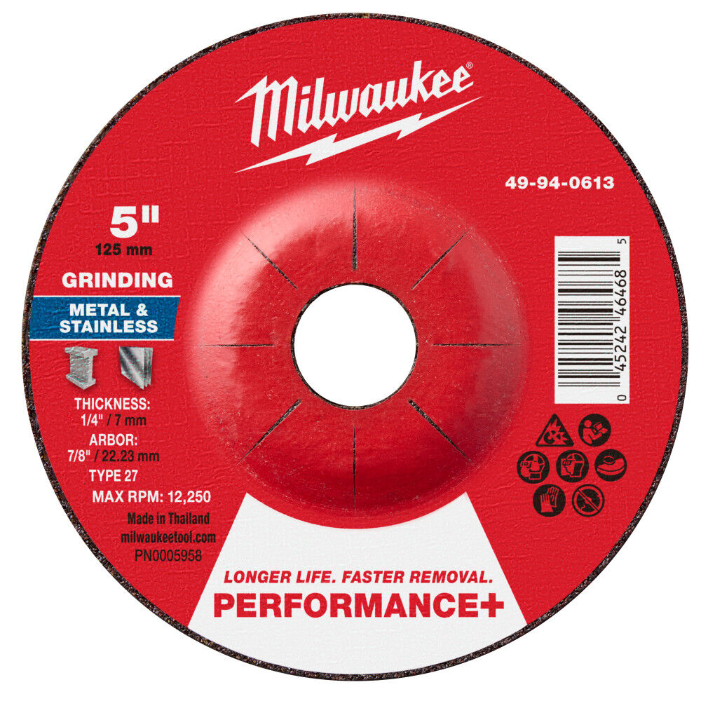 Milwaukee 49-94-0613 - 5" x 1/4" x 7/8" Performance+ Metal Grinding Wheel - Type 27