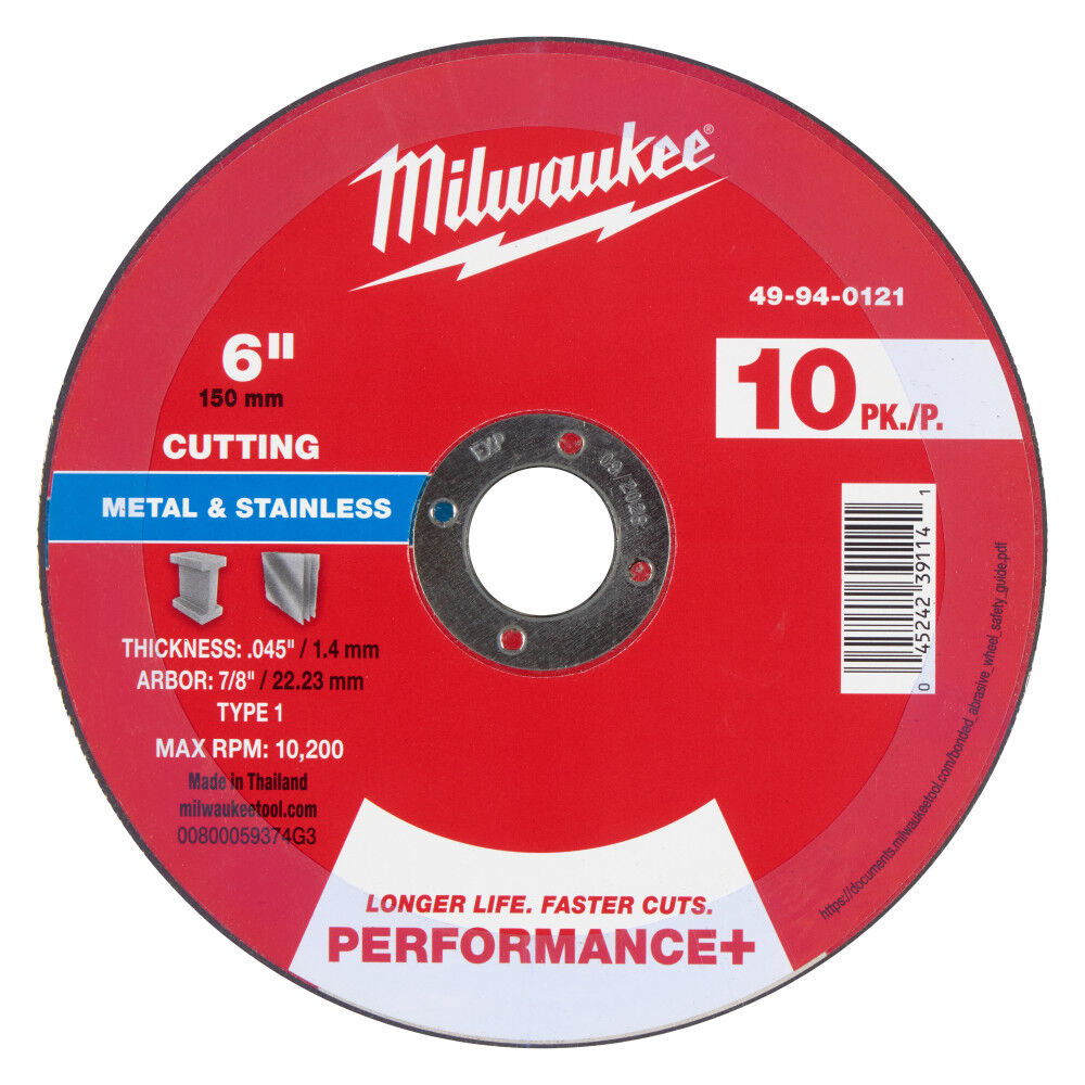 Milwaukee 49-94-0121 - 6" x .045" x 7/8" Performance+ Metal Cut Off Wheel 10 Pack - Type 1