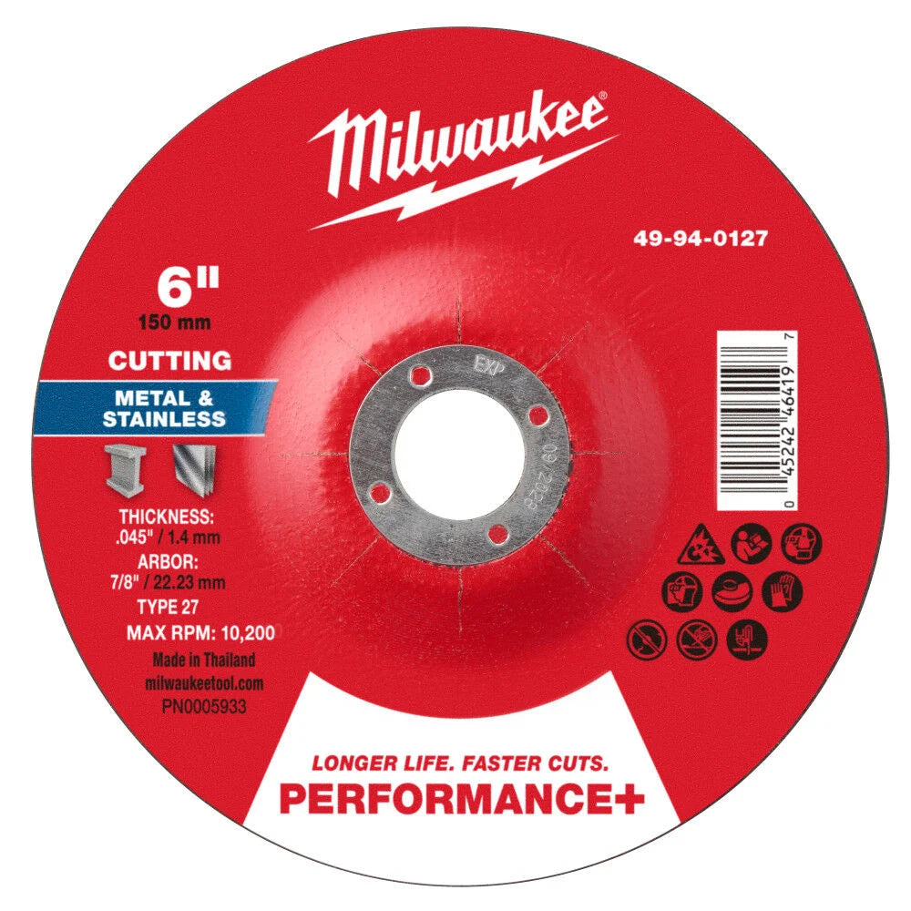 Milwaukee 49-94-0127 - 6" x .045" x 7/8" Performance+ Metal Cut Off Wheel - Type 27