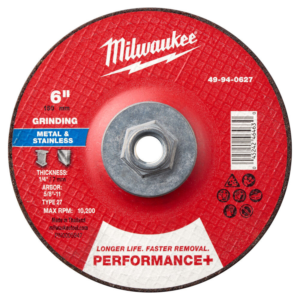 Milwaukee 49-94-0627 - 6" x 1/4" x 5/8"-11 Performance+ Metal Grinding Wheel - Type 27