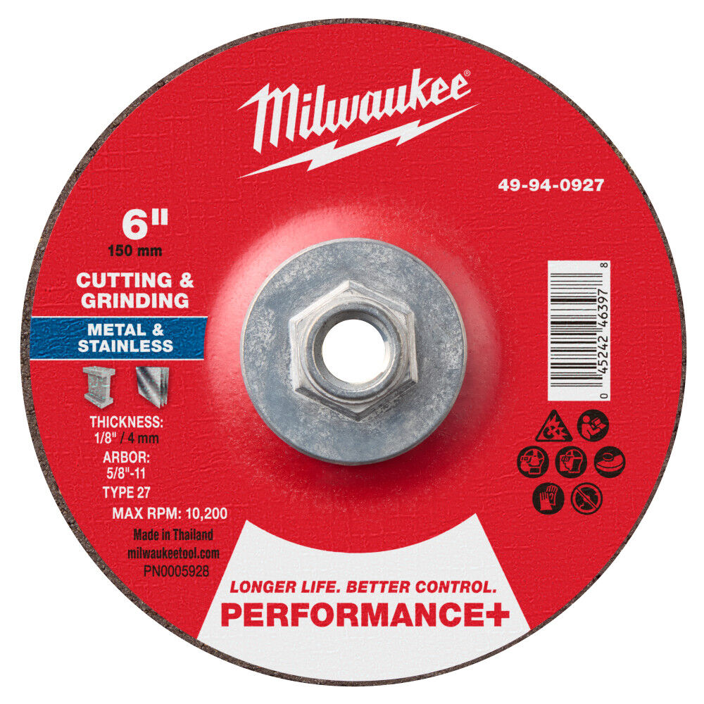 Milwaukee 49-94-0927 - 6" x 1/8" x 5/8"-11 Performance+ Dual Metal Cut & Grind Wheel - Type 27