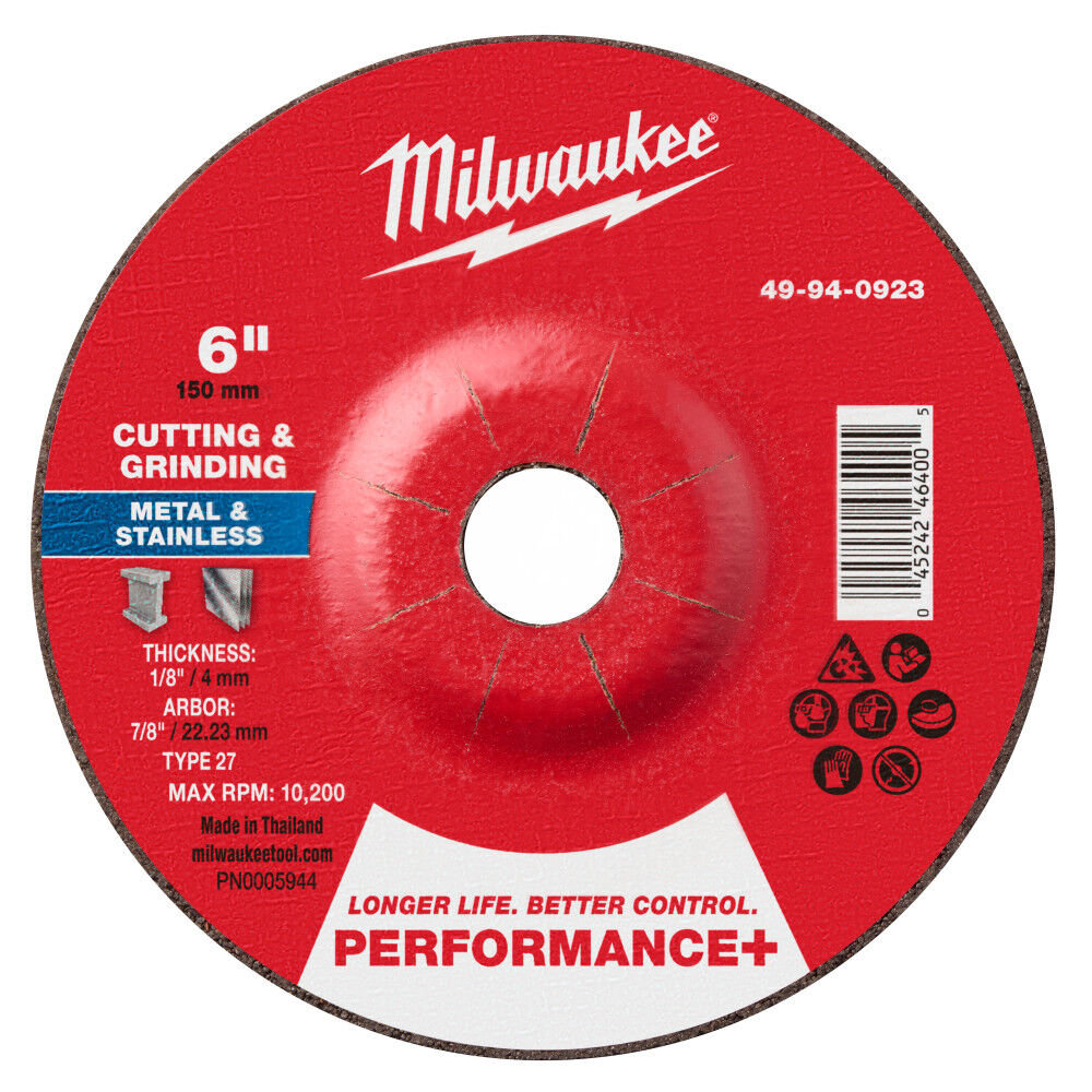 Milwaukee 49-94-0923 - 6" x 1/8" x 7/8" Performance+ Dual Metal Cut & Grind Wheel - Type 27