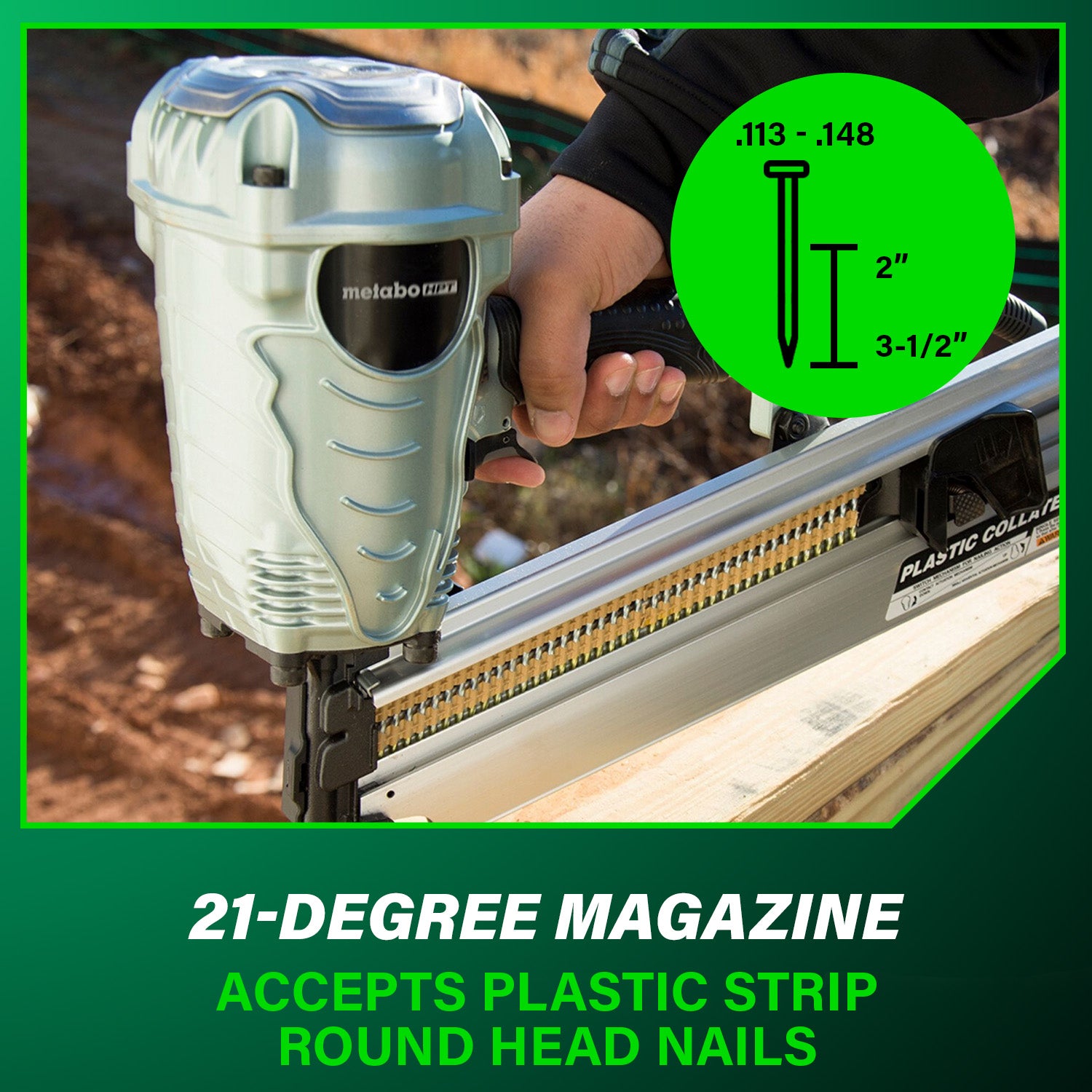 METABO HPT NR90AES1M - 21 Degree Plastic Collated 3-1/2 Inch Framing Nailer