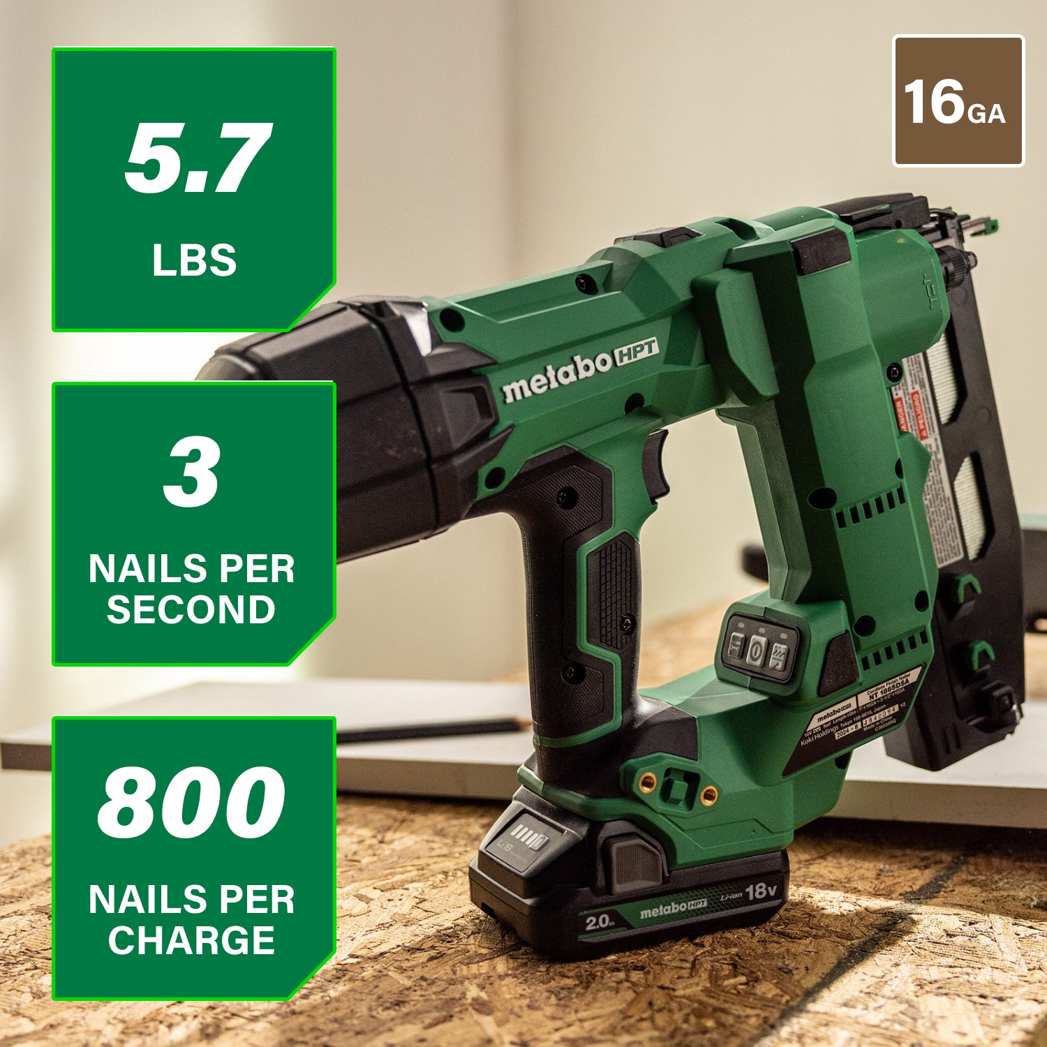 METABO HPT NT1865DSAM - 18V MultiVolt™ Brushless Pro 16-GA Straight Finish Nailer (1 x 2.0Ah)