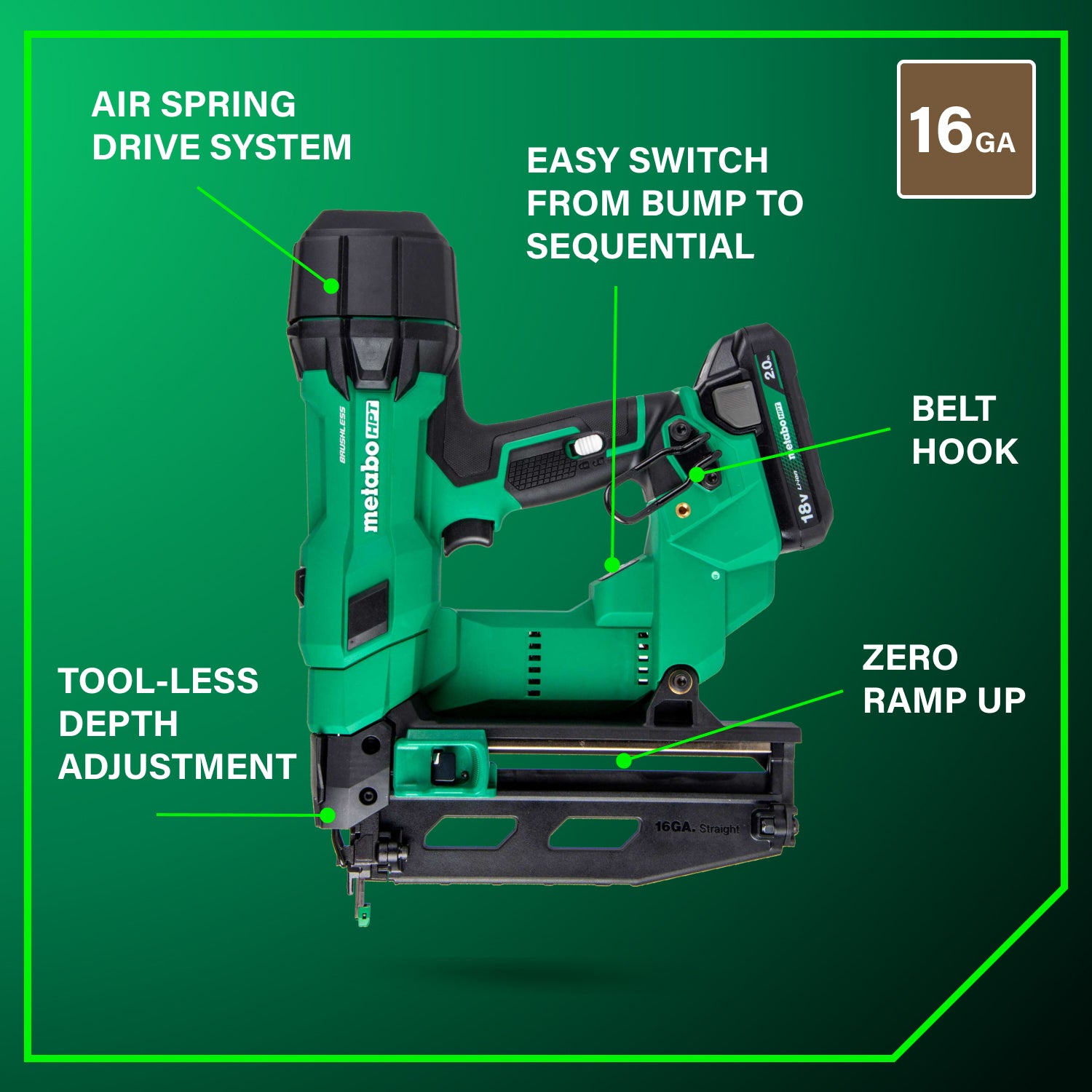 METABO HPT NT1865DSAM - 18V MultiVolt™ Brushless Pro 16-GA Straight Finish Nailer (1 x 2.0Ah)