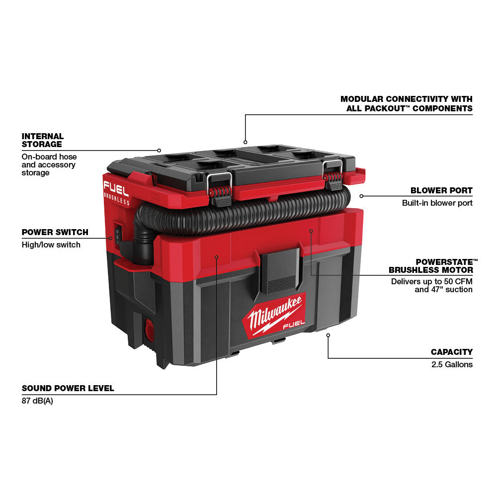 Milwaukee 0970-20 - M18 FUEL™ PACKOUT™ 2.5 Gallon Wet/Dry Vacuum - Wise Line Tools