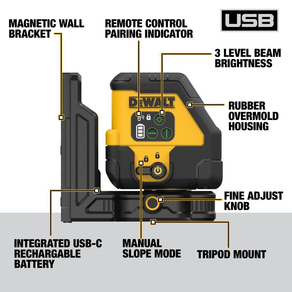 DEWALT DCLE14201GB - USB Rechargeable Green Cross Line Laser Base Kit