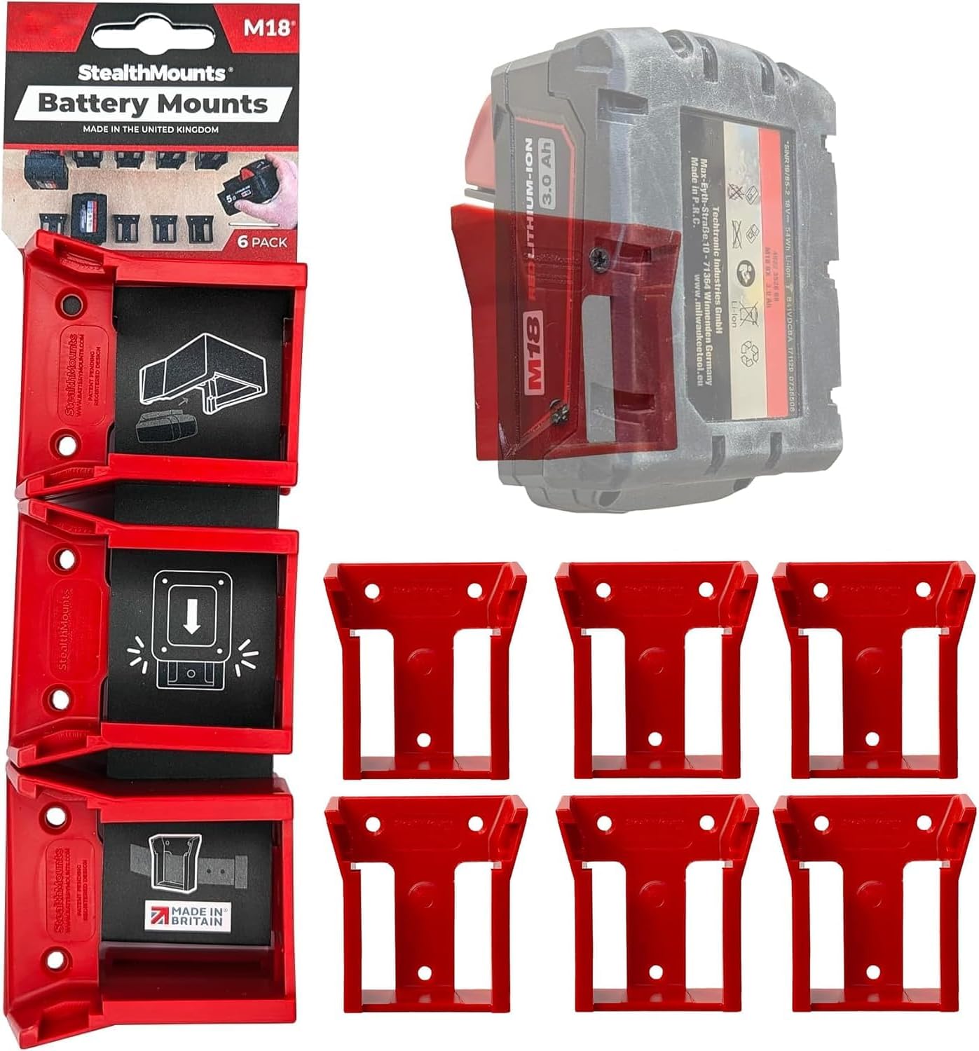 StealthMounts Battery Mount Milwaukee M18 Red 6pk Item No.BM-MW18-RED-6 - Wise Line Tools