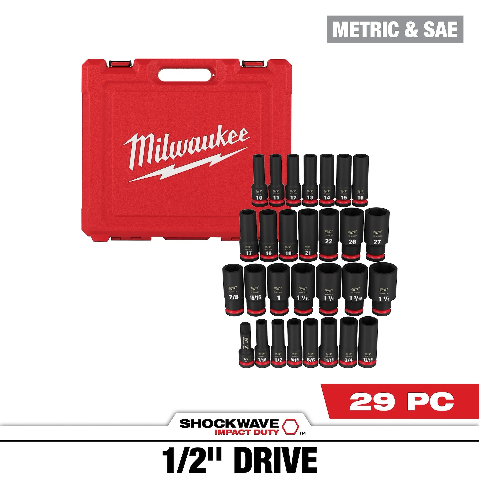 Milwaukee 49-66-7016 - 29PC SHOCKWAVE™ Impact Duty 1/2" Drive SAE & Metric Deep 6 Point Socket Set