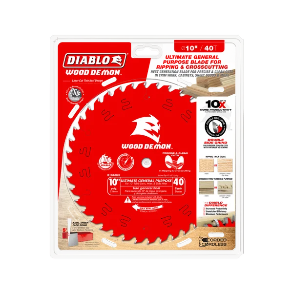 Diablo D1040UX - 10" x 40-Teeth Wood Demon™ Ultimate General Purpose Carbide Saw Blade for Wood