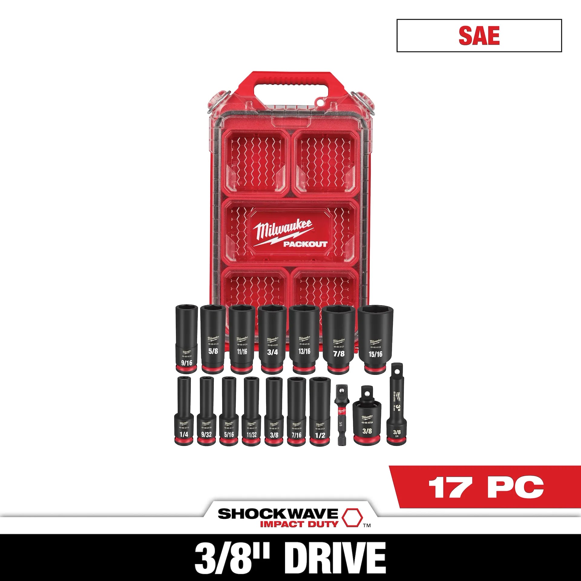 Milwaukee 49-66-6800 - 17PC SHOCKWAVE™ Impact Duty Socket 3/8” Drive SAE Set with PACKOUT™