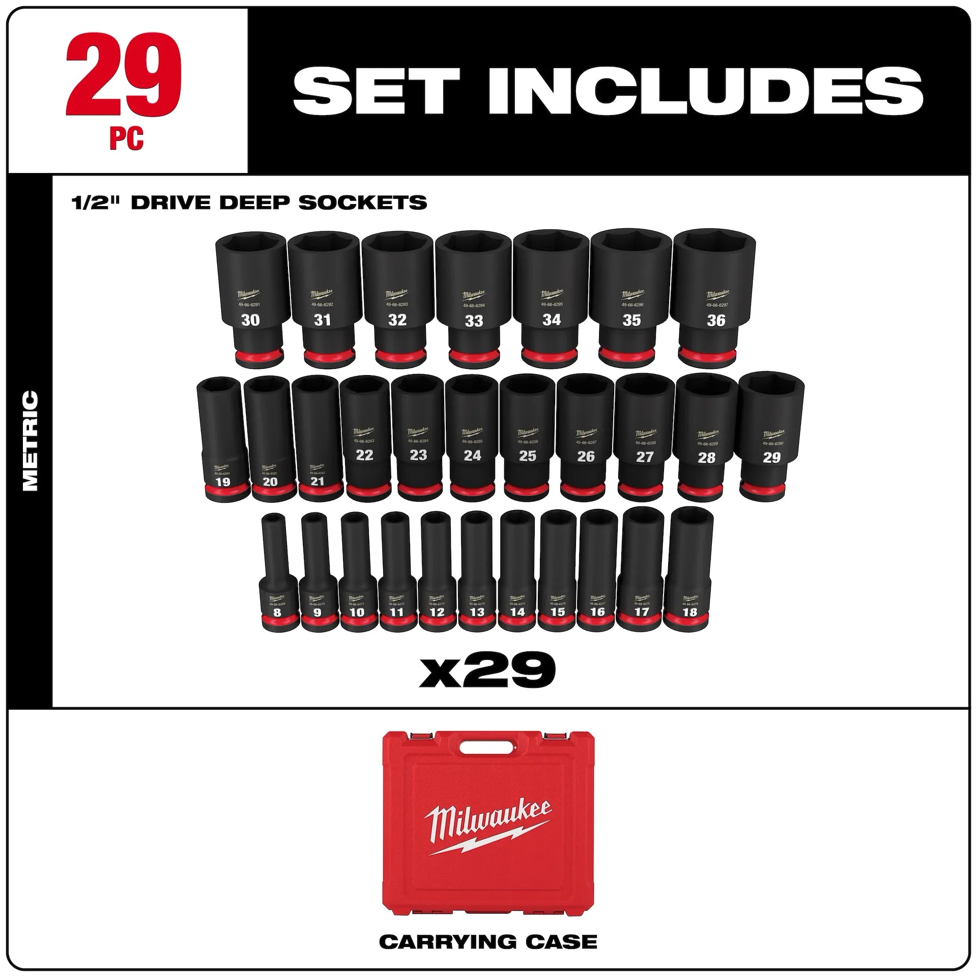Milwaukee 49-66-7015 - 29PC SHOCKWAVE™ Impact Duty 1/2" Drive Metric Deep 6 Point Socket Set