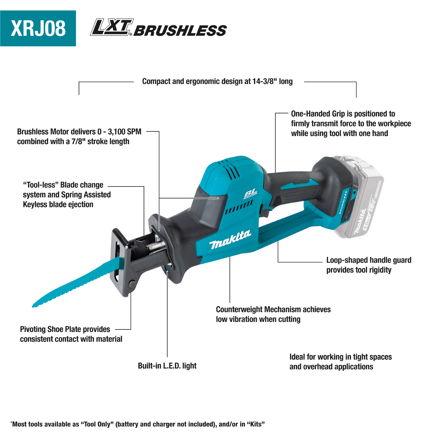 Makita XRJ08Z - 18V LXT® Lithium‑Ion Brushless Cordless Compact One‑Handed Recip Saw