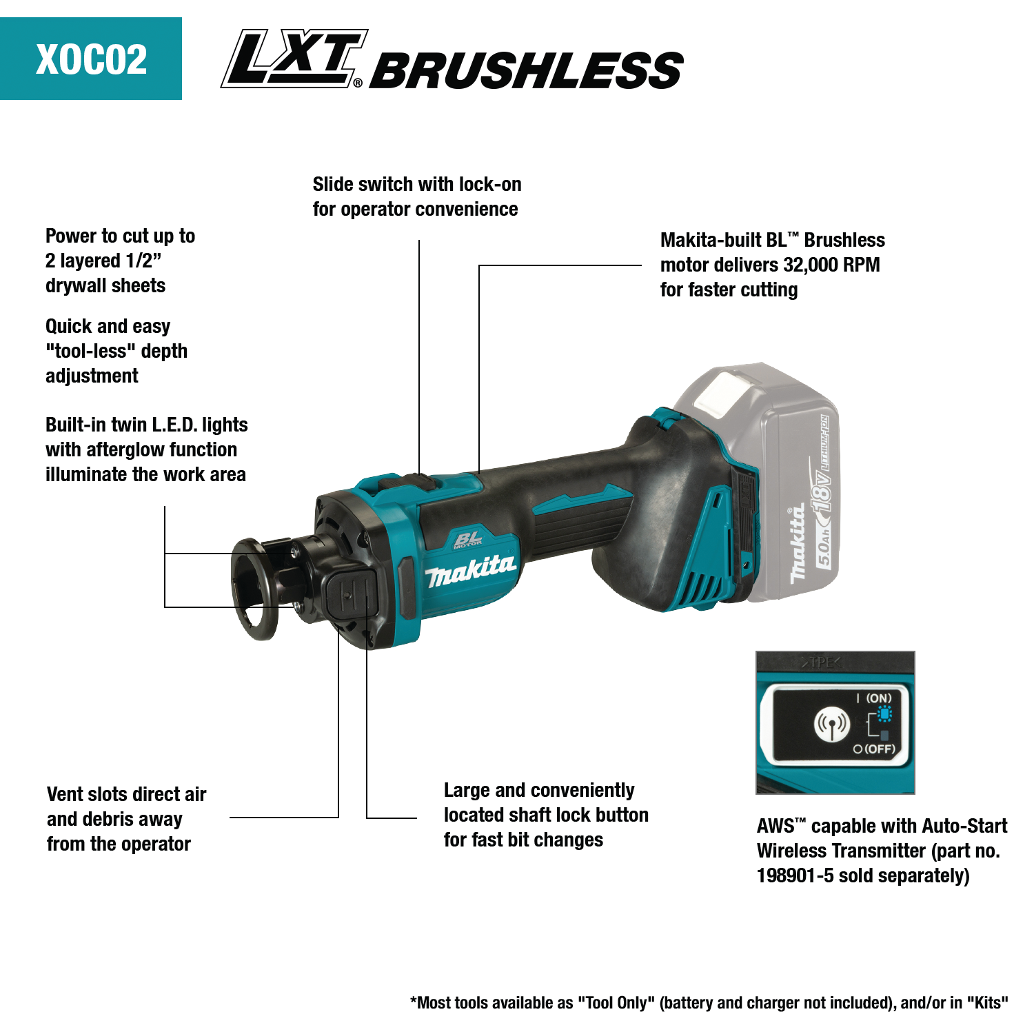 Makita XOC02Z - 18V LXT® Lithium‑Ion Brushless Cordless Cut‑Out Tool, AWS® Capable