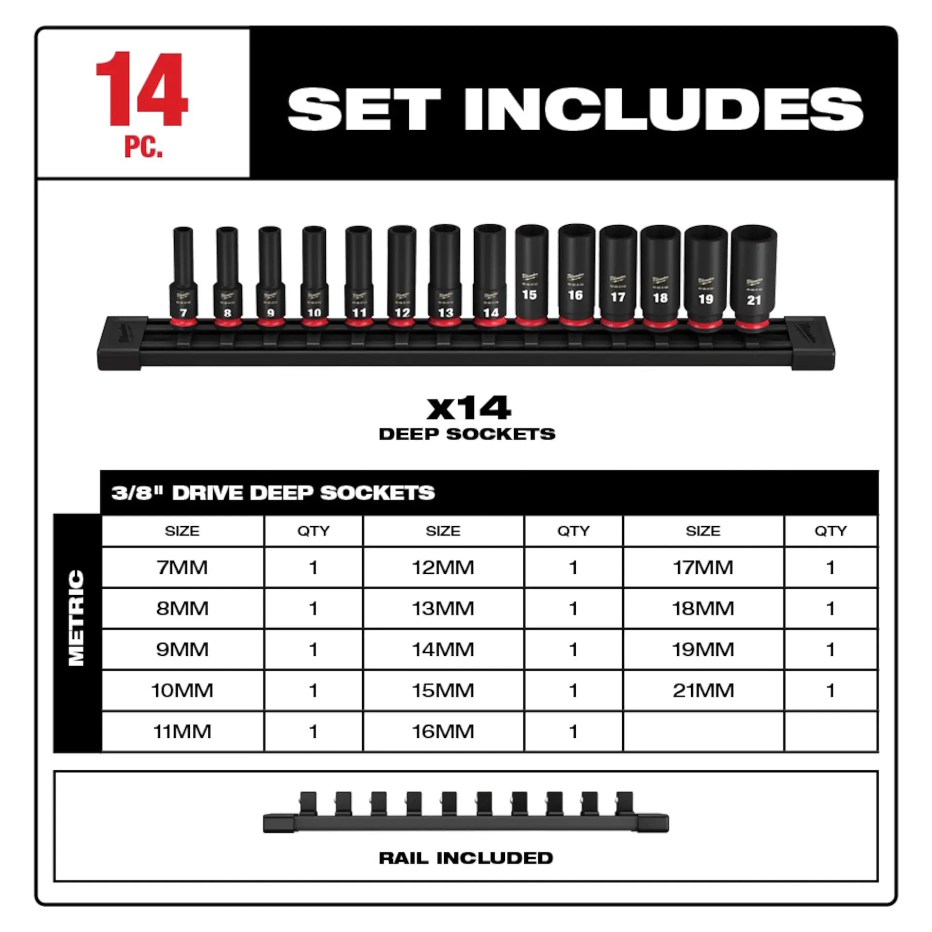 Milwaukee 49-66-7008 - 14PC SHOCKWAVE™ Impact Duty 3/8" Drive Metric Deep 6 Point Socket Set