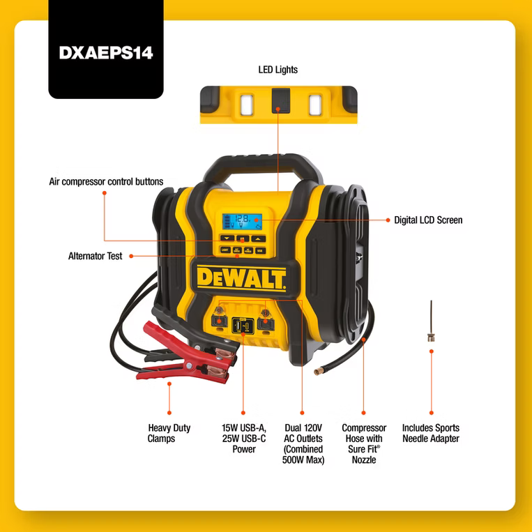 DEWALT DXAEPS14 TYPE 2 - 2000 Peak Amp Jump Starter w/Digital Compressor & Portable Power