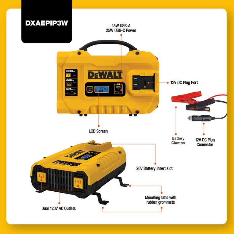 DEWALT DXAEPIP3W - 3-Way 1000-Watt Power Inverter - 20V MAX Compatible