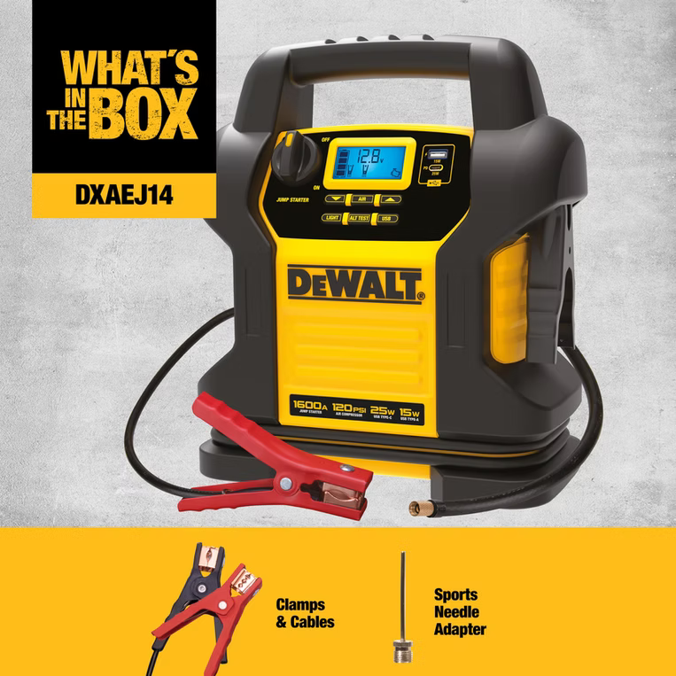 DEWALT DXAEJ14 TYPE 2 - 1600 Peak Amp Jump Starter with Digital Compressor and USB Power Bank