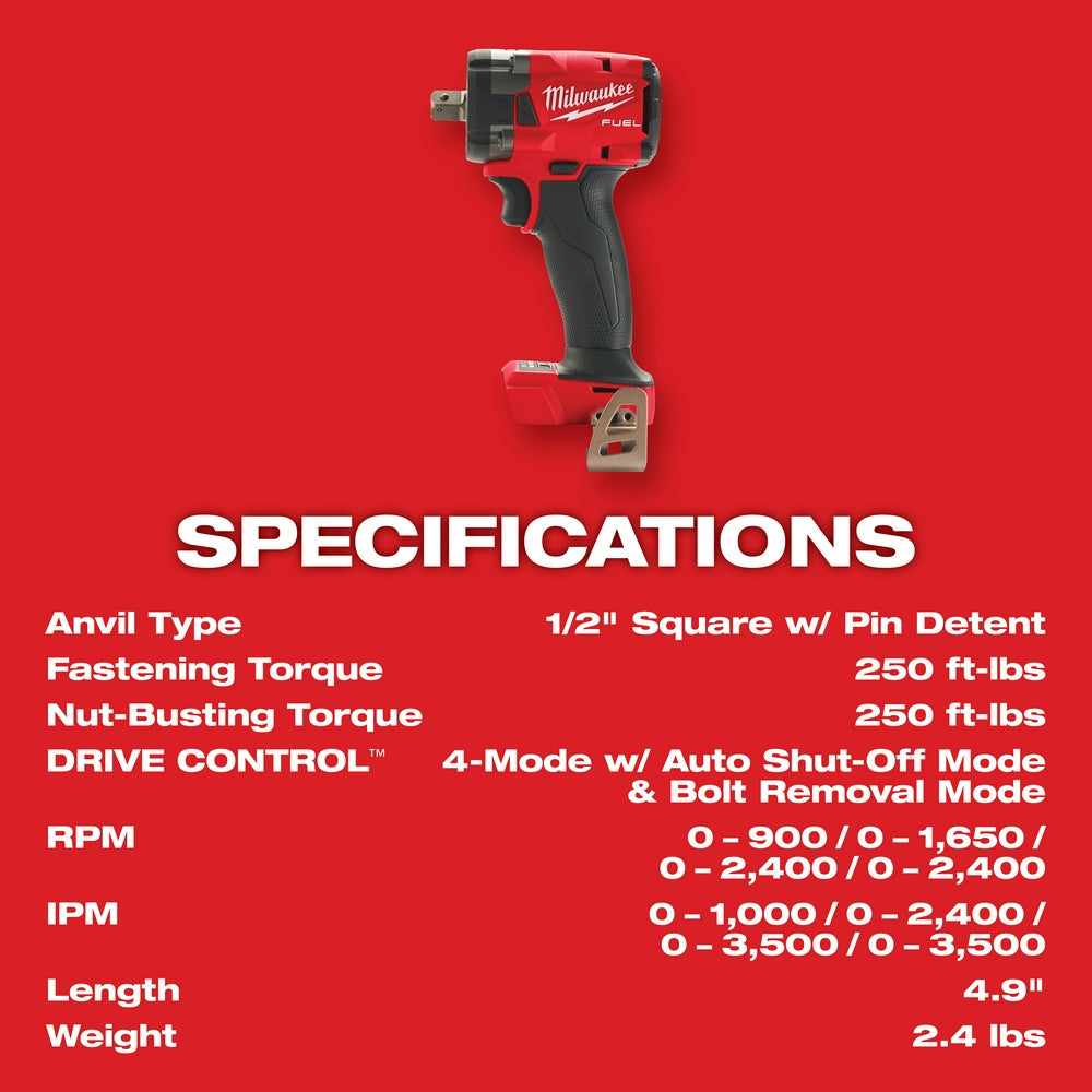Milwaukee 2855P-20 - M18 FUEL™ 1/2 Compact Impact Wrench w/ Pin Detent - Wise Line Tools