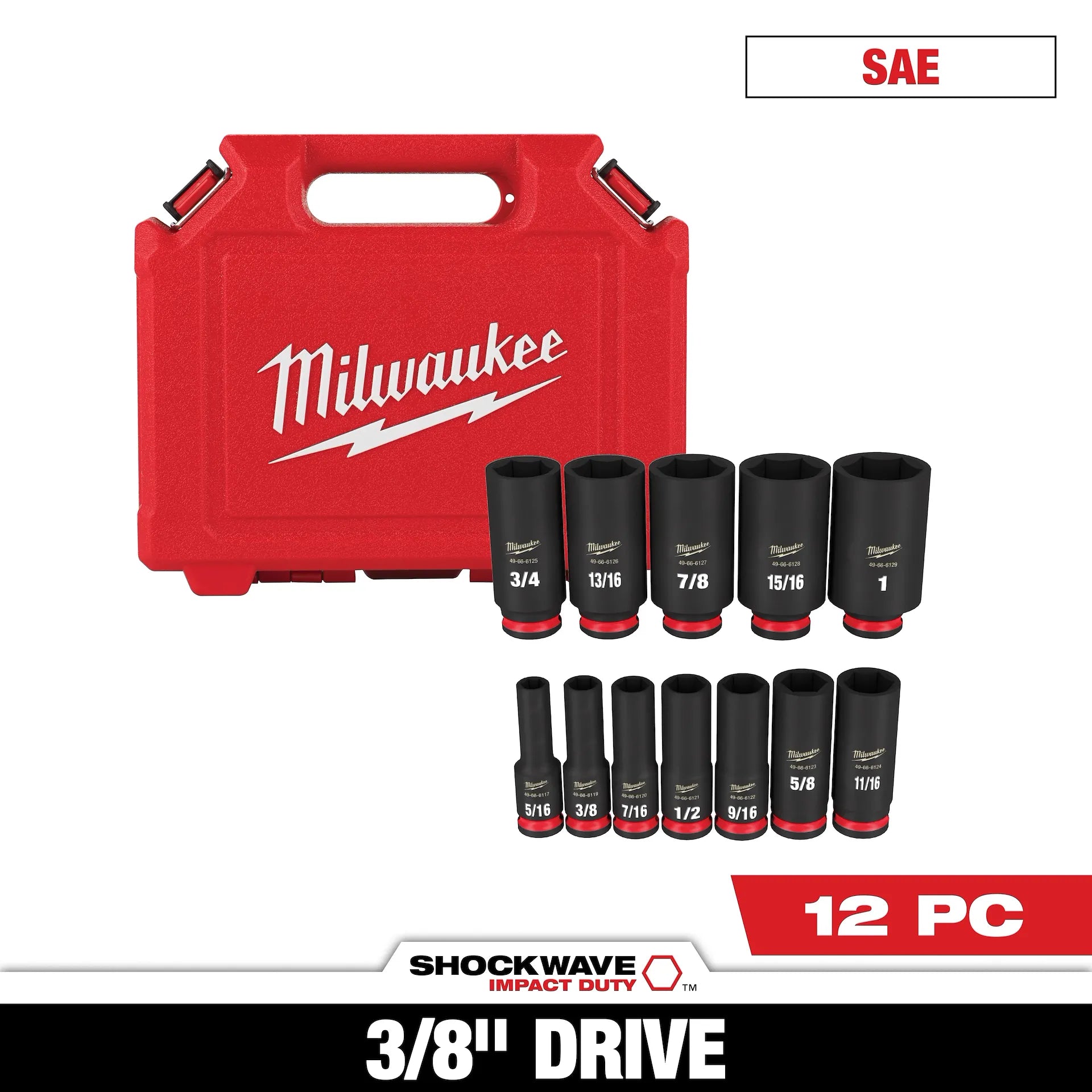 Milwaukee 49-66-7006 - 12PC SHOCKWAVE™ Impact Duty 3/8" Drive SAE Deep 6 Point Socket Set