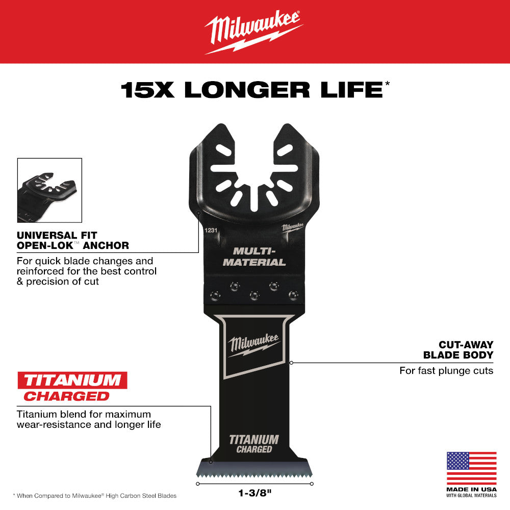 Milwaukee 49-25-1239 - OPEN-LOK™ 1-3/8" TITANIUM CHARGED™ Bi-Metal Multi-Material Multi-Tool Blades 10PK - Wise Line Tools