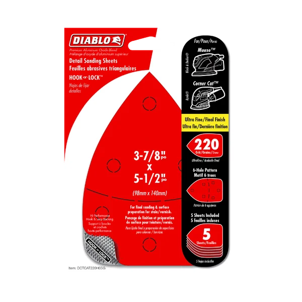 Diablo DCTCAT220H05G - 3-7/8" x 5-1/2" 220-Grit Hook & Lock™ CAT/Mouse Detail Sanding Sheets (5-pk)