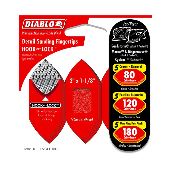 Diablo DCTTIPVGPH15G - 3"x 1-1/8" Assorted Hook & Lock™ Fingertip Detail Sanding Sheets (15-pk)