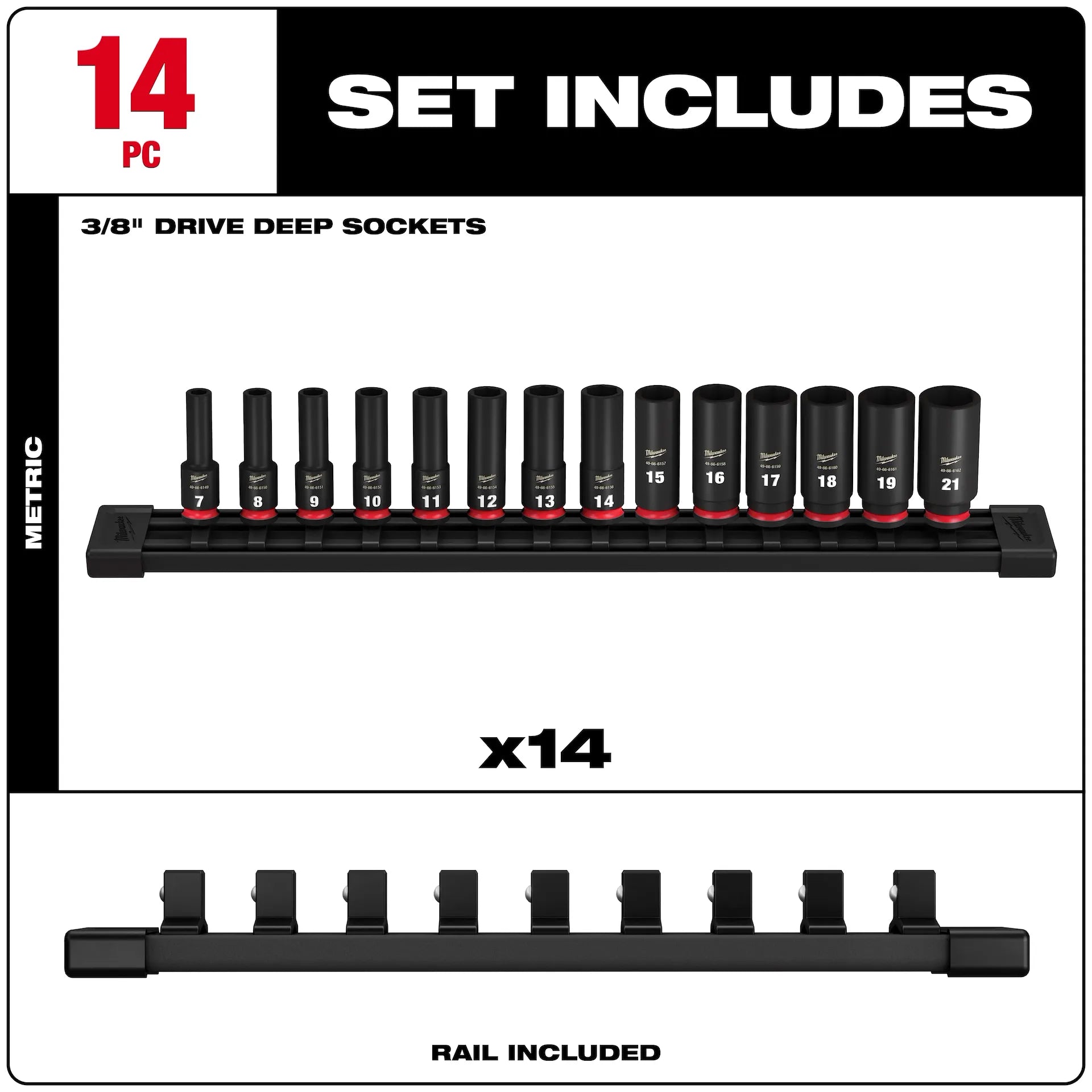 Milwaukee 49-66-7008 - 14PC SHOCKWAVE™ Impact Duty 3/8" Drive Metric Deep 6 Point Socket Set