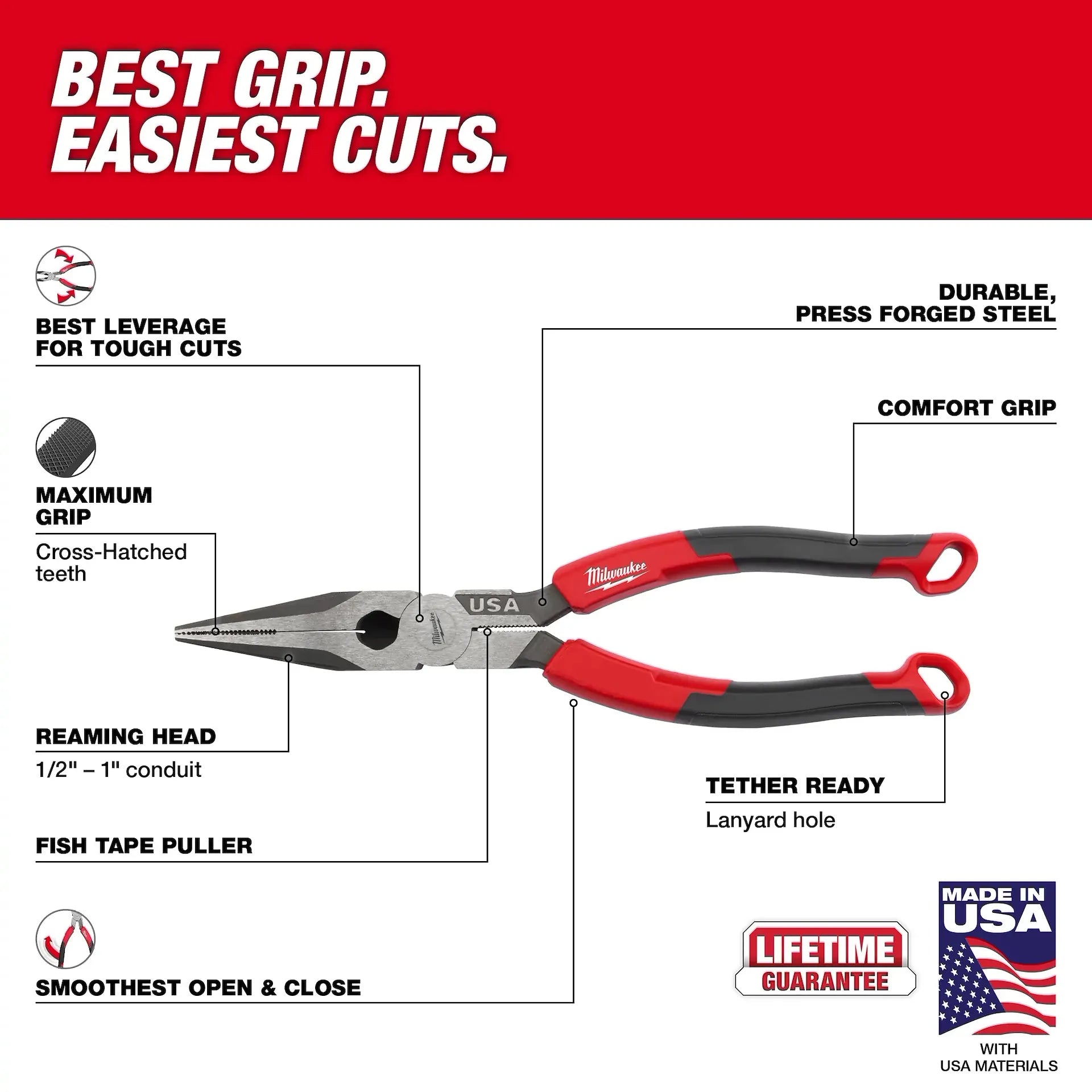 Milwaukee MT555 - 8" Long Nose Comfort Grip Pliers (USA)