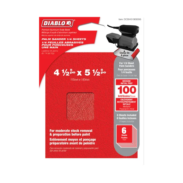 Diablo DCS045100S06G - 4-1/2" x 5-1/2" 100-Grit Palm Sander 1/4 Sanding Sheets (6-pk)