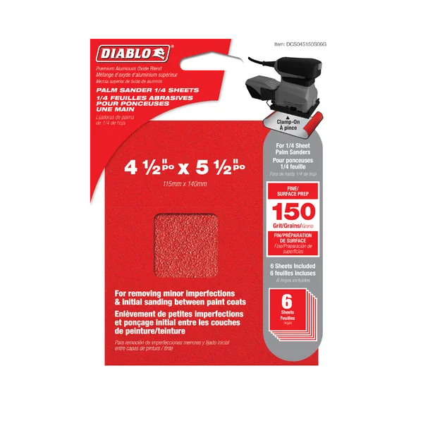 Diablo DCS045150S06G - 4-1/2" x 5-1/2" 150-Grit Palm Sander 1/4 Sanding Sheets (6-pk)