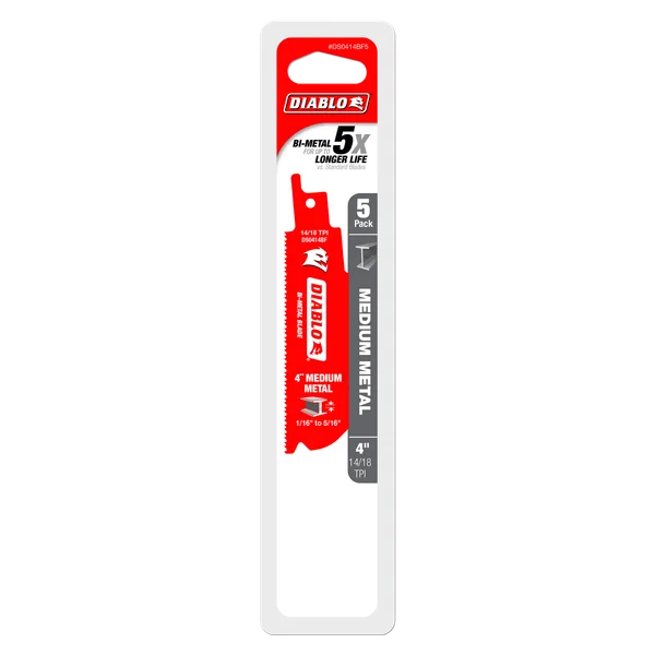 Diablo DS0414BF5 - 4" 14/18TPI Bi-Metal Reciprocating Saw Blades for Medium Metal (5-pk)
