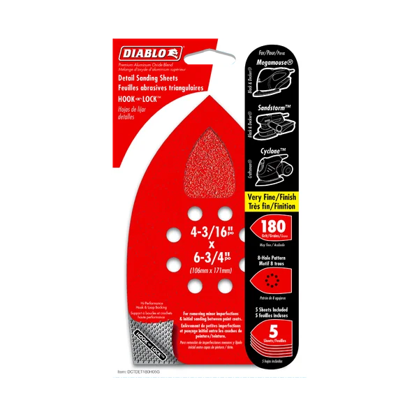 Diablo DCTDET180H05G - 4-3/16" x 6-3/4" 180-Grit Hook & Lock™ MegaMouse Detail Sanding Sheets (5-pk)