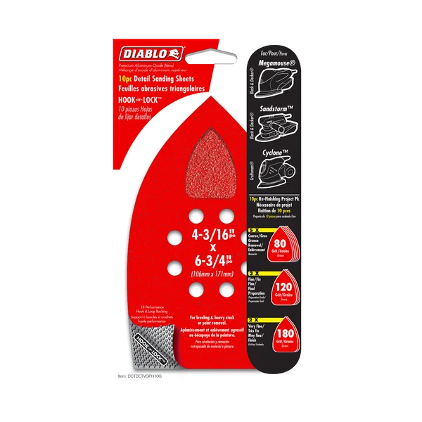 Diablo DCTDETVGPH10G - 4-3/16" x 6-3/4" Assorted Hook & Lock™ MegaMouse Detail Sanding Sheets (10-pk)