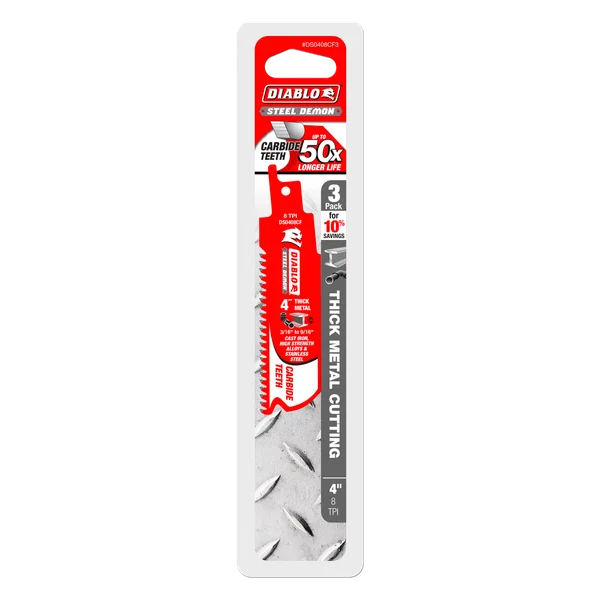 Diablo DS0408CF3 - 4" 8TPI Steel Demon™ Carbide Teeth Reciprocating Saw Blades for Thick Metal (3-pk)