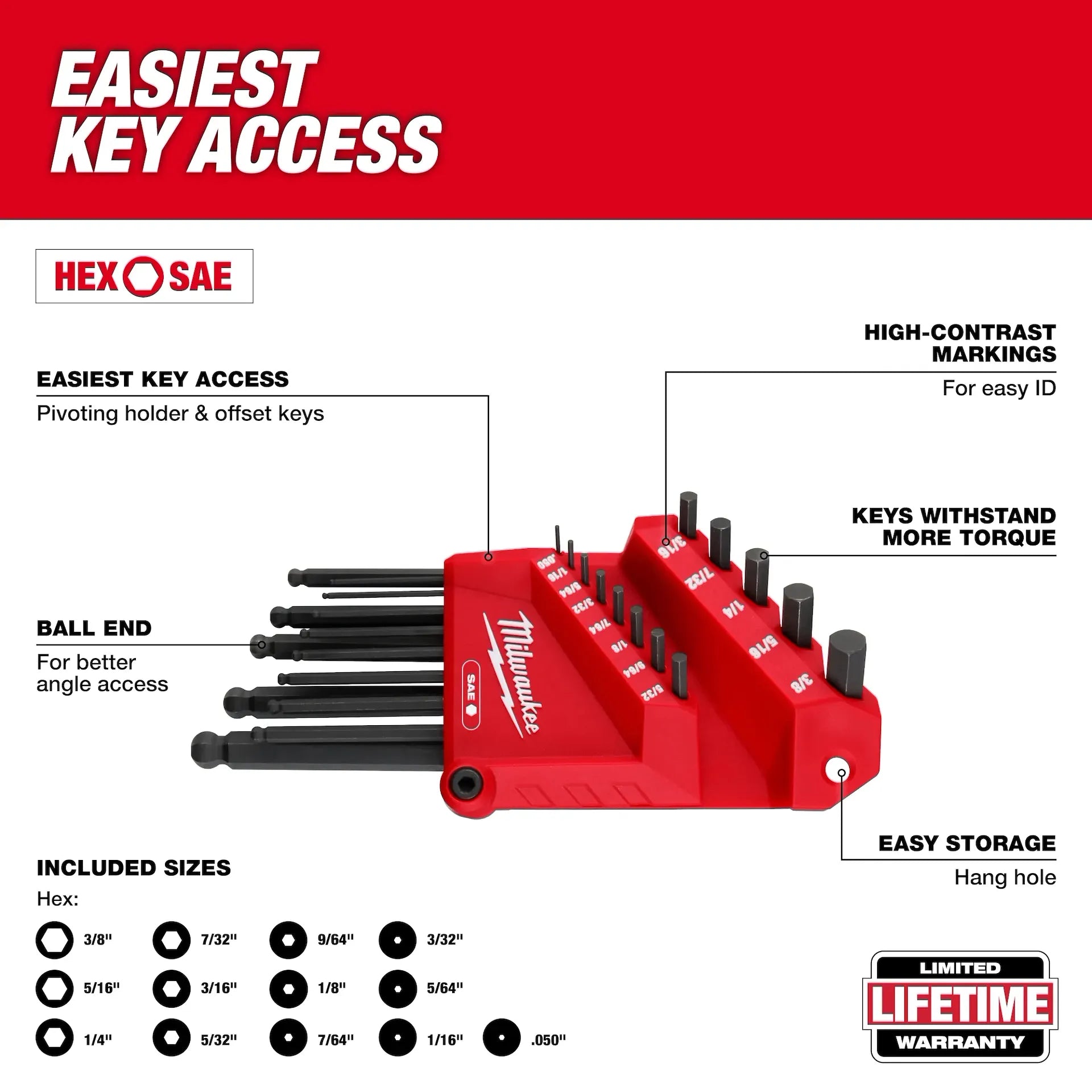 Milwaukee 48-22-2185 - 13-Key Ball End L-Style Hex Key Set - SAE